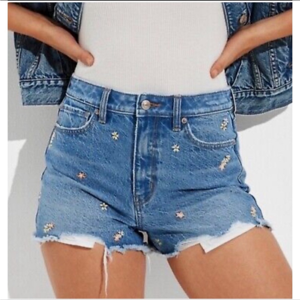 American Eagle Mom Short High Rise‎ Floral Embroidered Distressed Denim Size 00